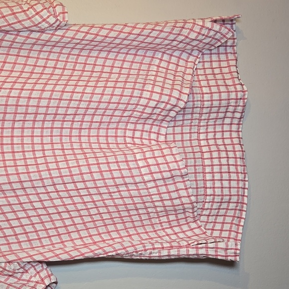 Flax Linen Gingham Checkered Boxy Short Sleeved Crew Kneck Tunic Shirt NWOT - Picture 4 of 10